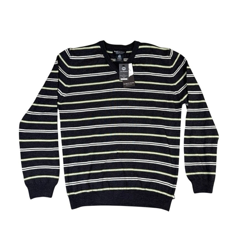 NWT Marco Fiori Mens Merino Wool V-Neck Striped Sweater Charcoal Green Italy S